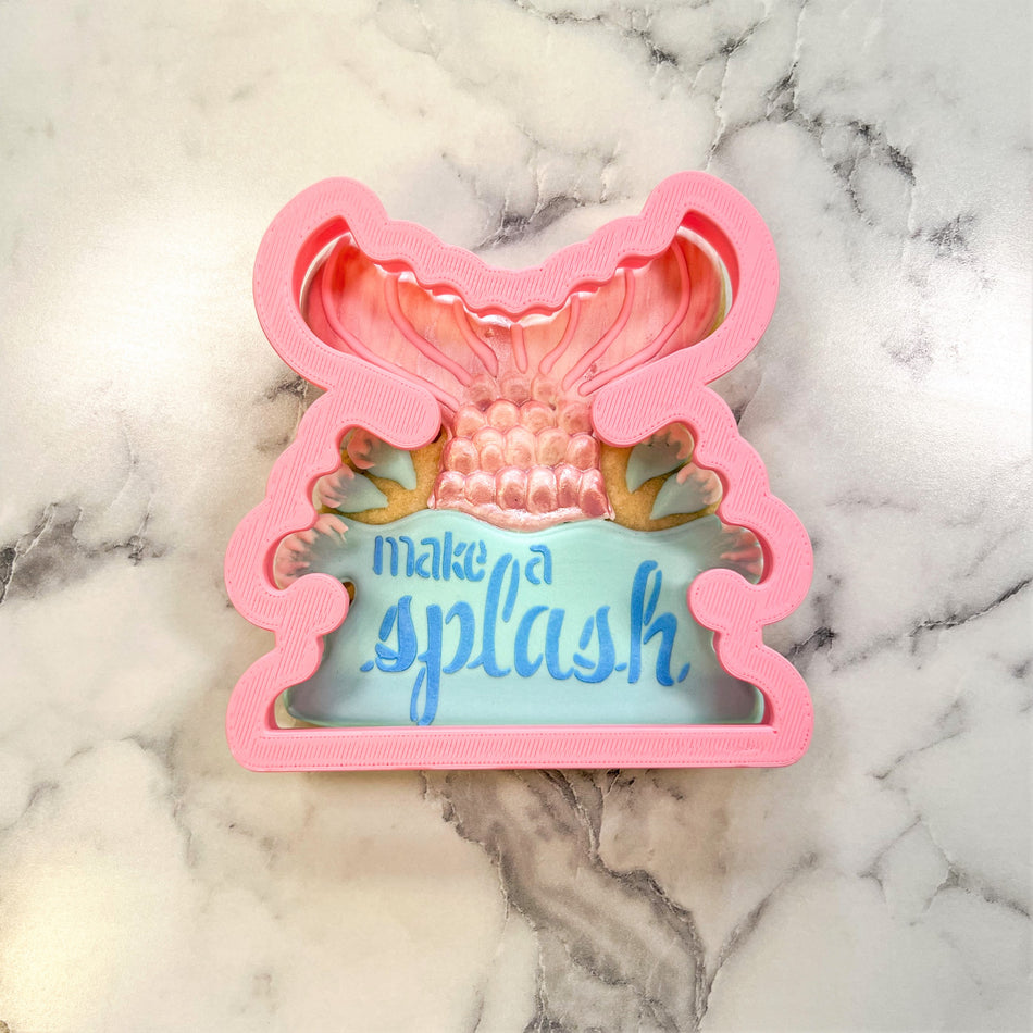 Mermaid Tail Plaque Flour Box Club Cookie Cutter with Make a Splash Stencil Set