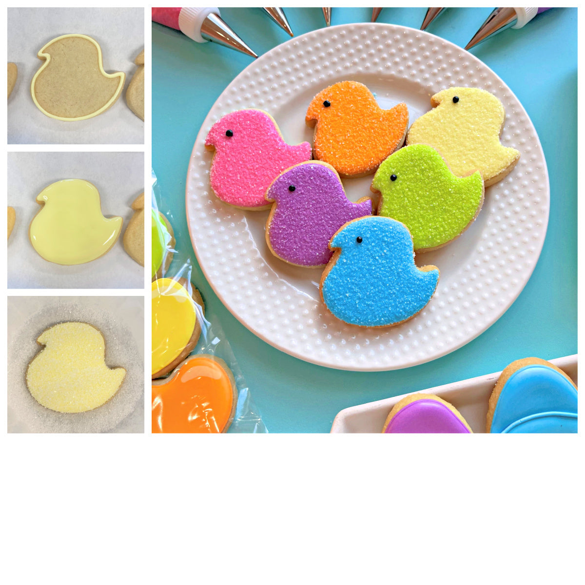 Colorful sugar-coated chick-shaped cookies with black dot eyes made using mini easter chick cookie cutter