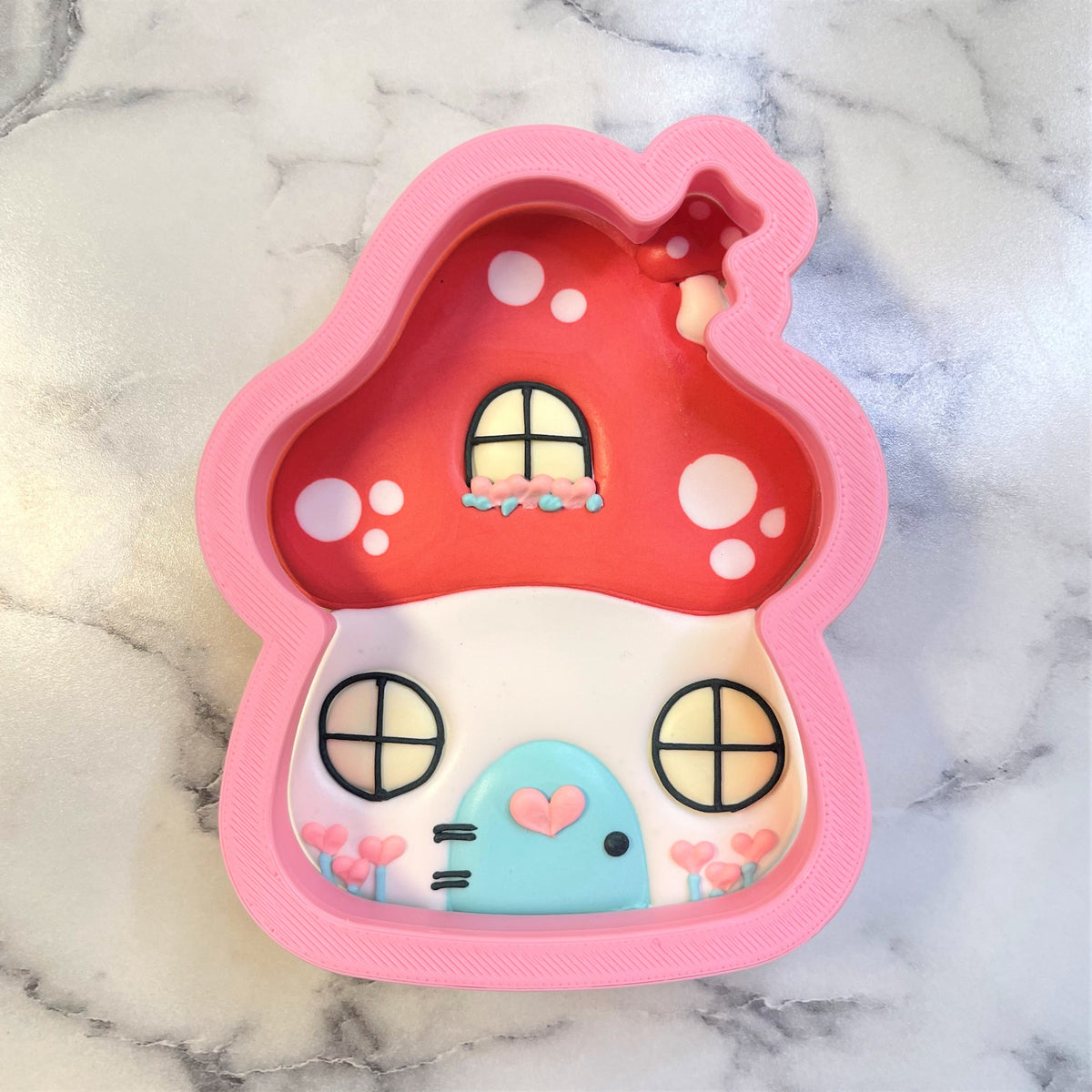Mushroom house cookie cutter pink silicone with red polka dot cap and blue heart door for baking use