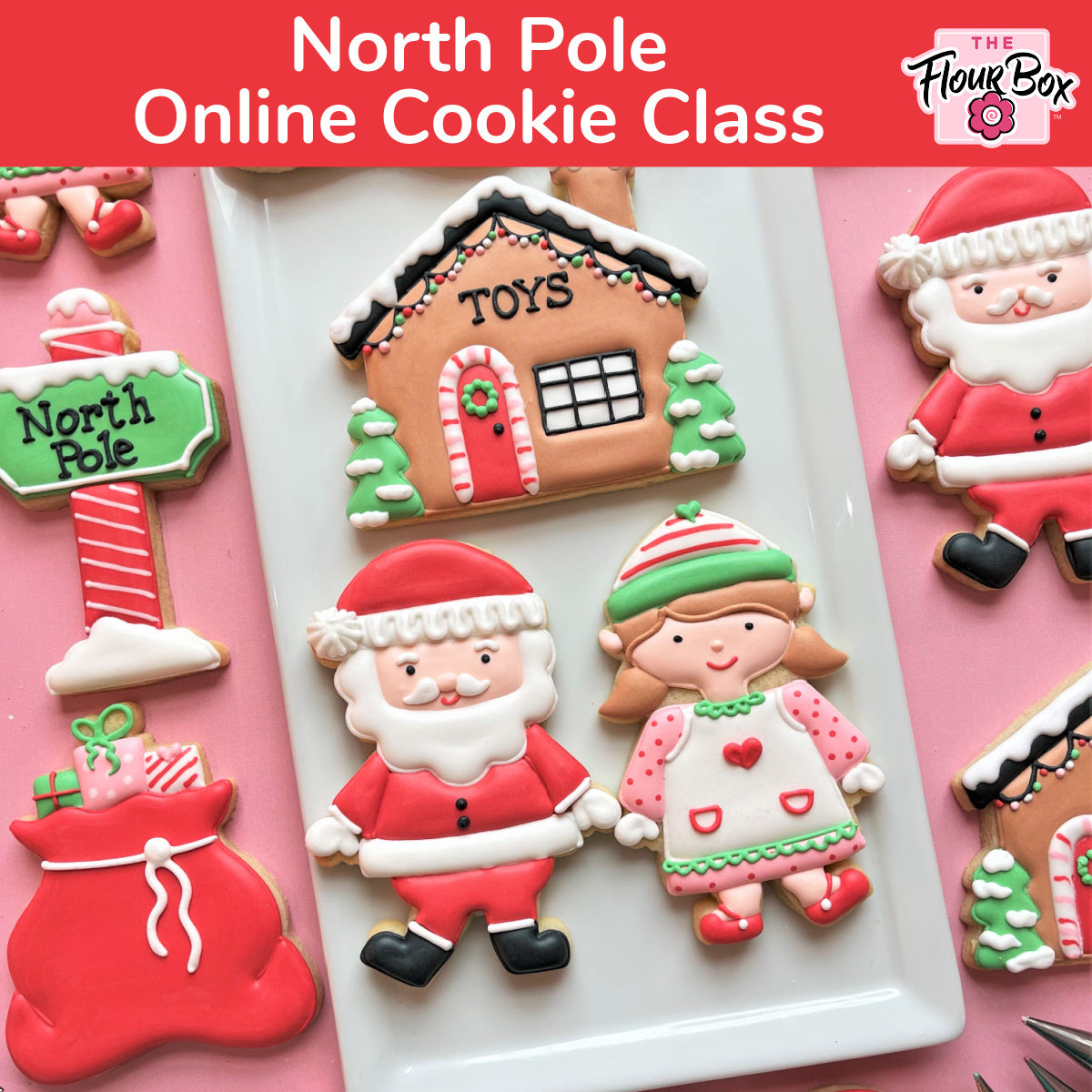 Delicate decorated sugar cookies shaped like santa claus and a festive elf in red white and green from north pole cookie decorating class recording