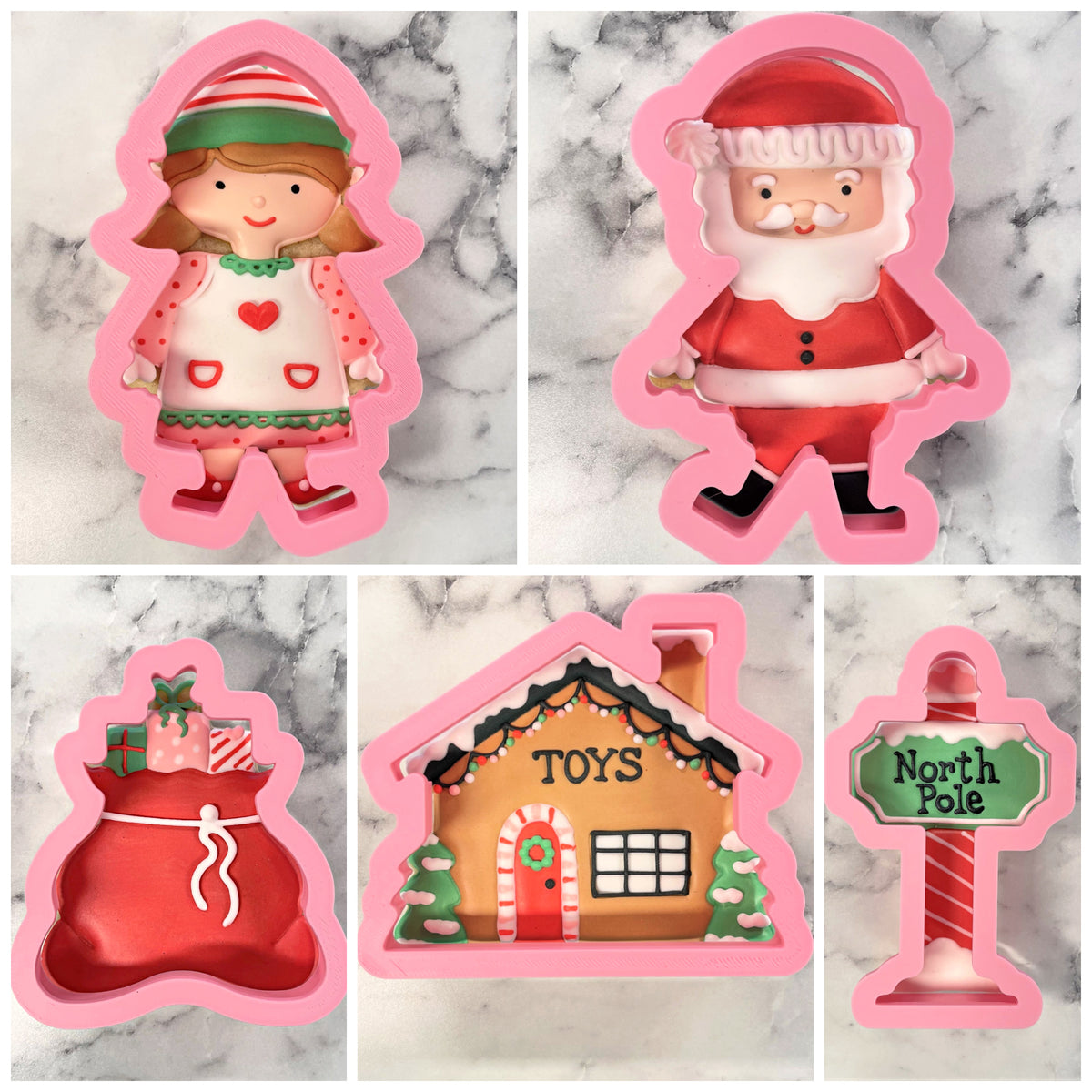 Pink silicone cookie cutter set with festive christmas characters for north pole cookie decorating class recording