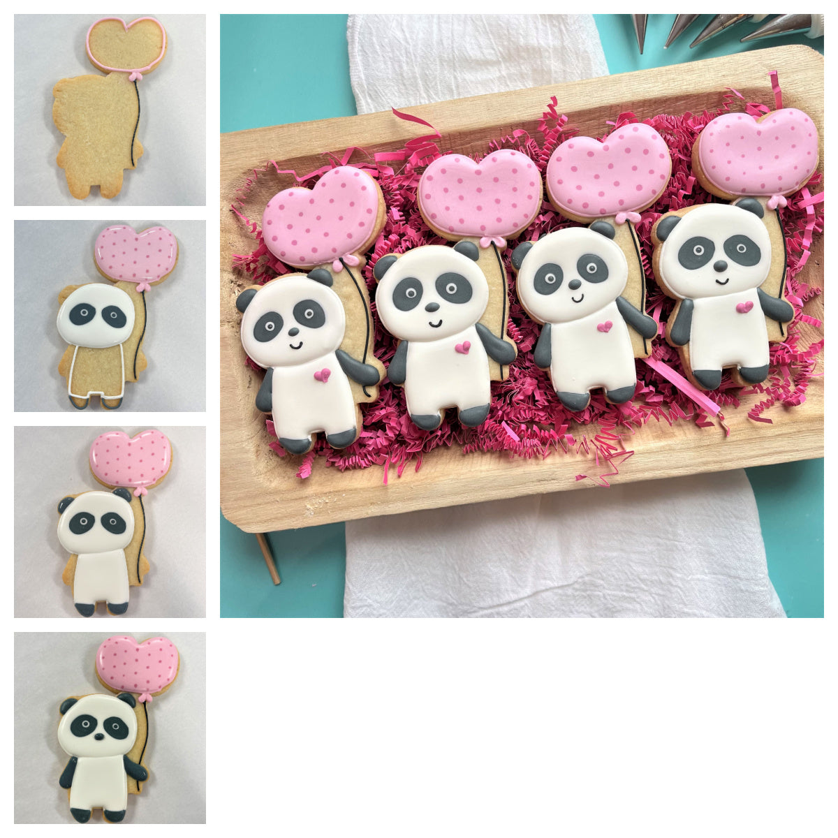 Cute white and black panda-shaped cookies with pink polka-dotted balloon decorations made using panda with balloon cookie cutter