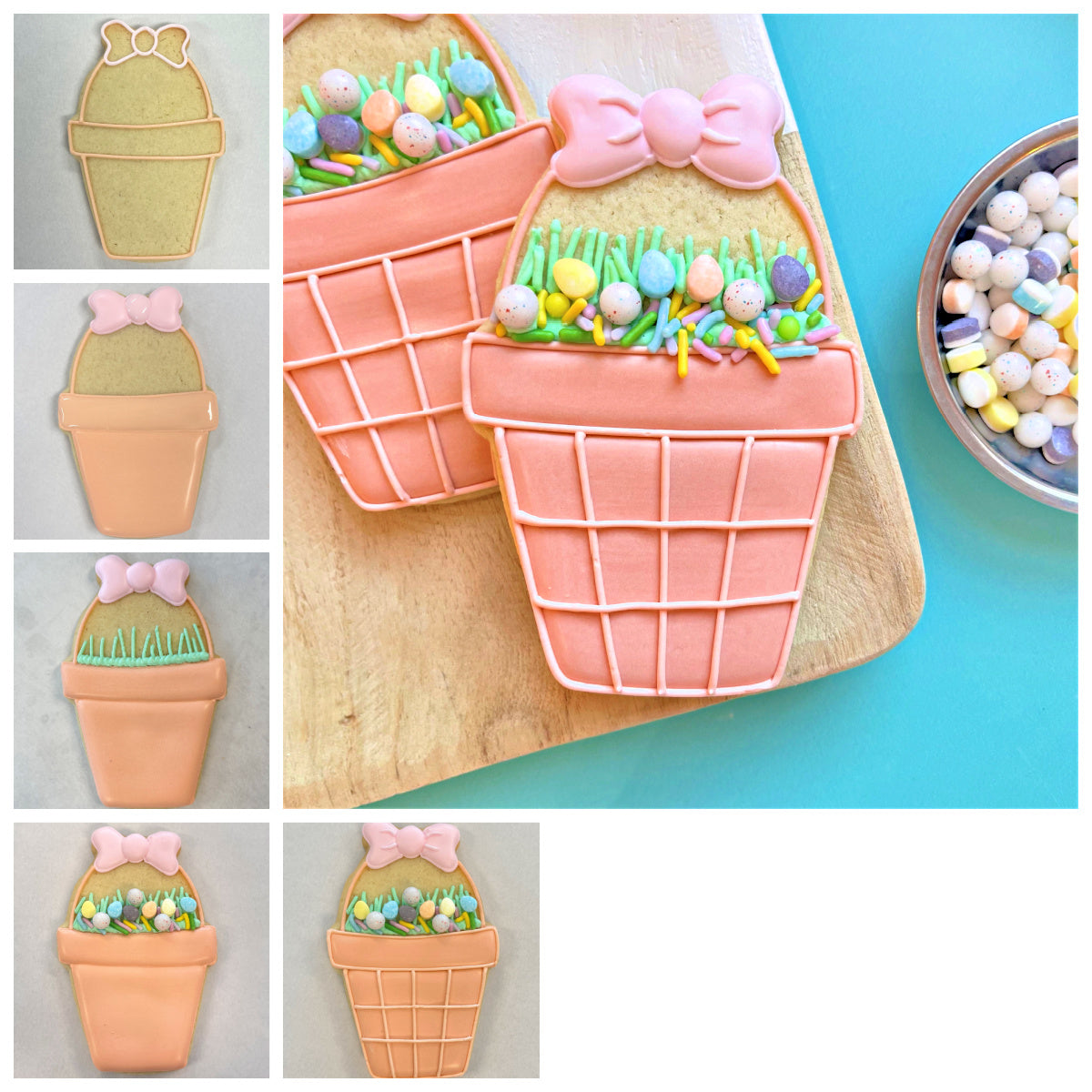 Pastel pink frosted basket-shaped cookie filled with colorful candy eggs and sprinkles made with potted basket cookie cutter