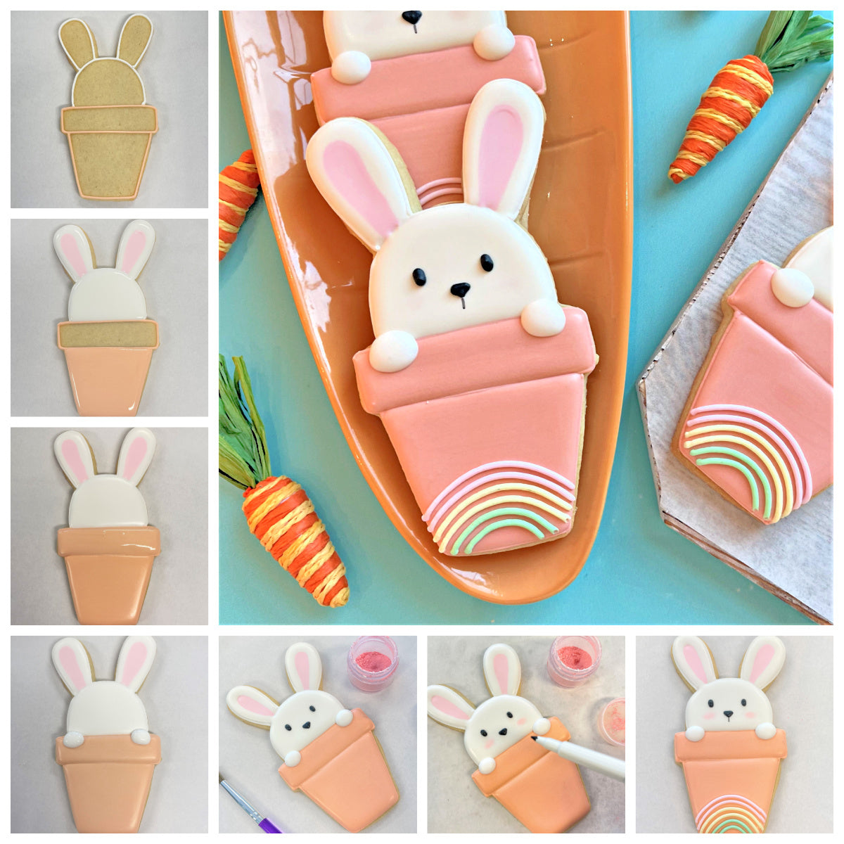A charming white bunny cookie with pink ears and black eyes inside a peach pot with pastel rainbow stripes made by potted bunny cookie cutter