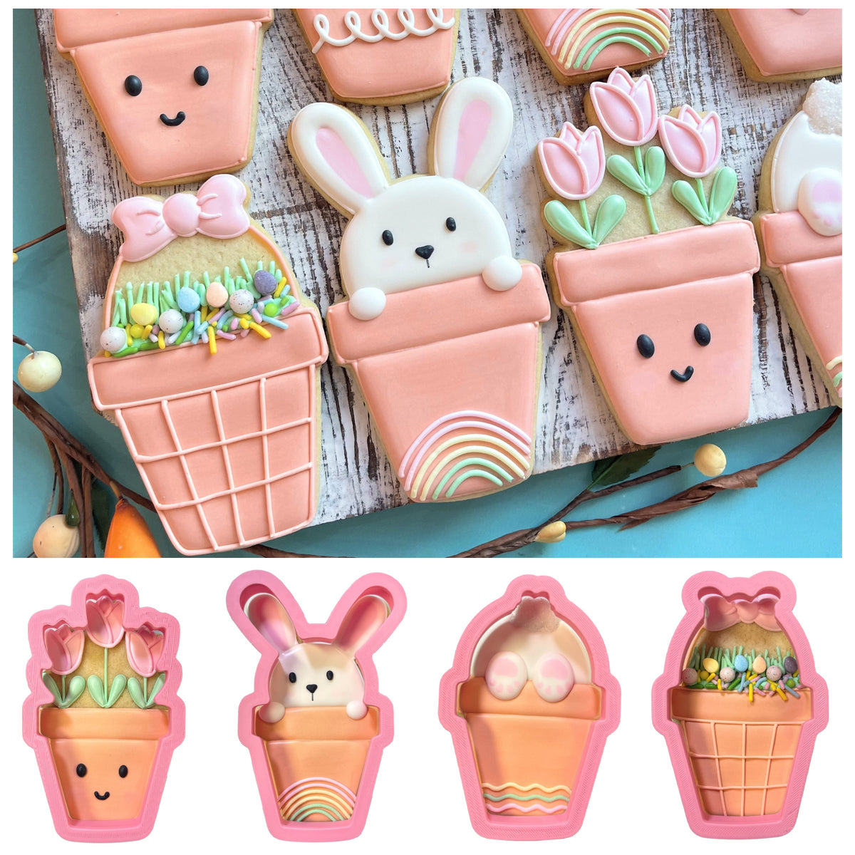 Pink silicone potted easter cookie cutter bundle featuring bunny in pot tulips and egg basket shapes for baking