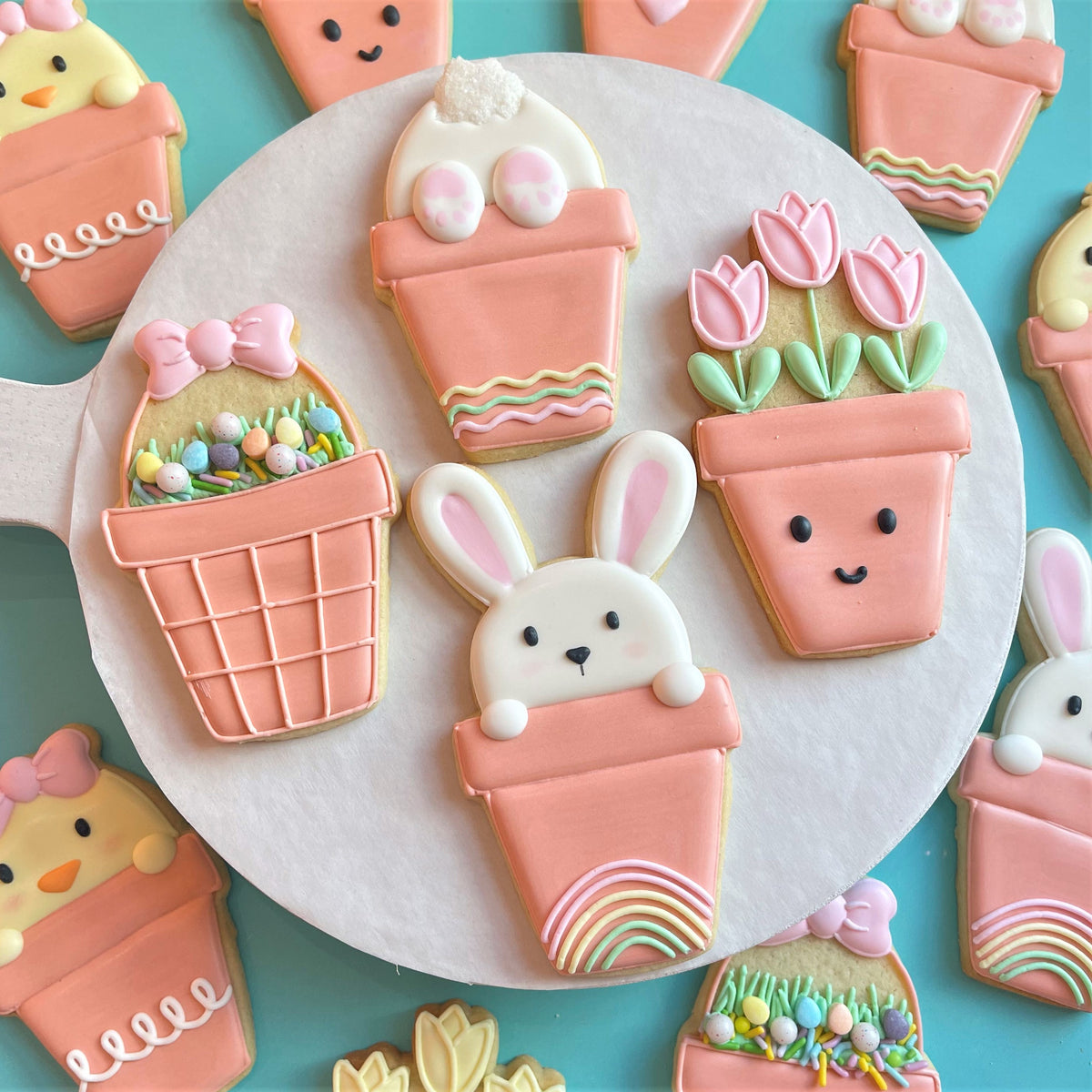 Pastel pink sugar cookies shaped like flower pots with cute faces decorated as tulips and bunnies using potted bunny butt cookie cutter