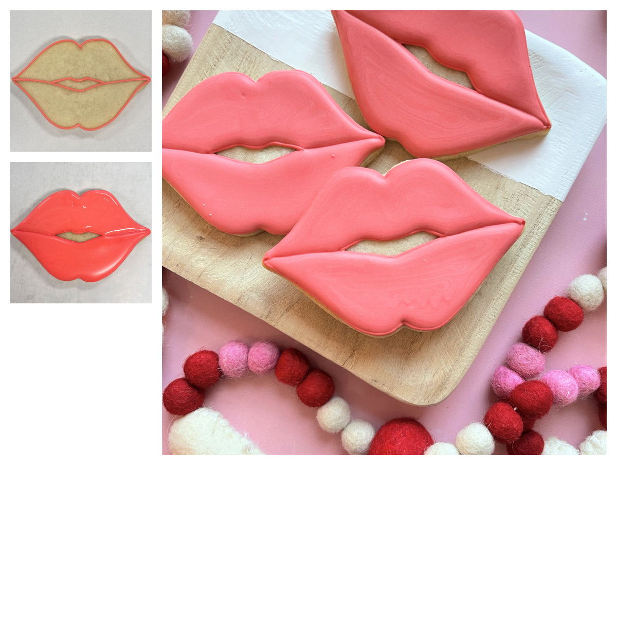 Pink-frosted lips shaped cookies with glossy finish and red outlines made using puckered lips cookie cutter