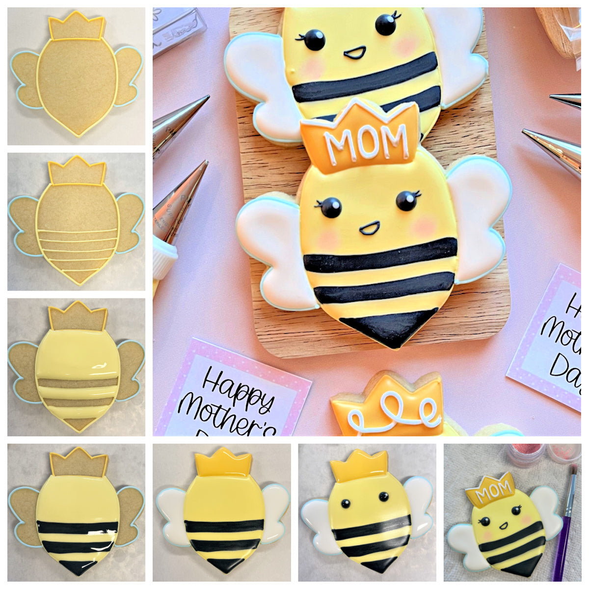 Yellow and black striped bee-shaped cookie with white wings and a golden mom crown made with queen bee cookie cutter