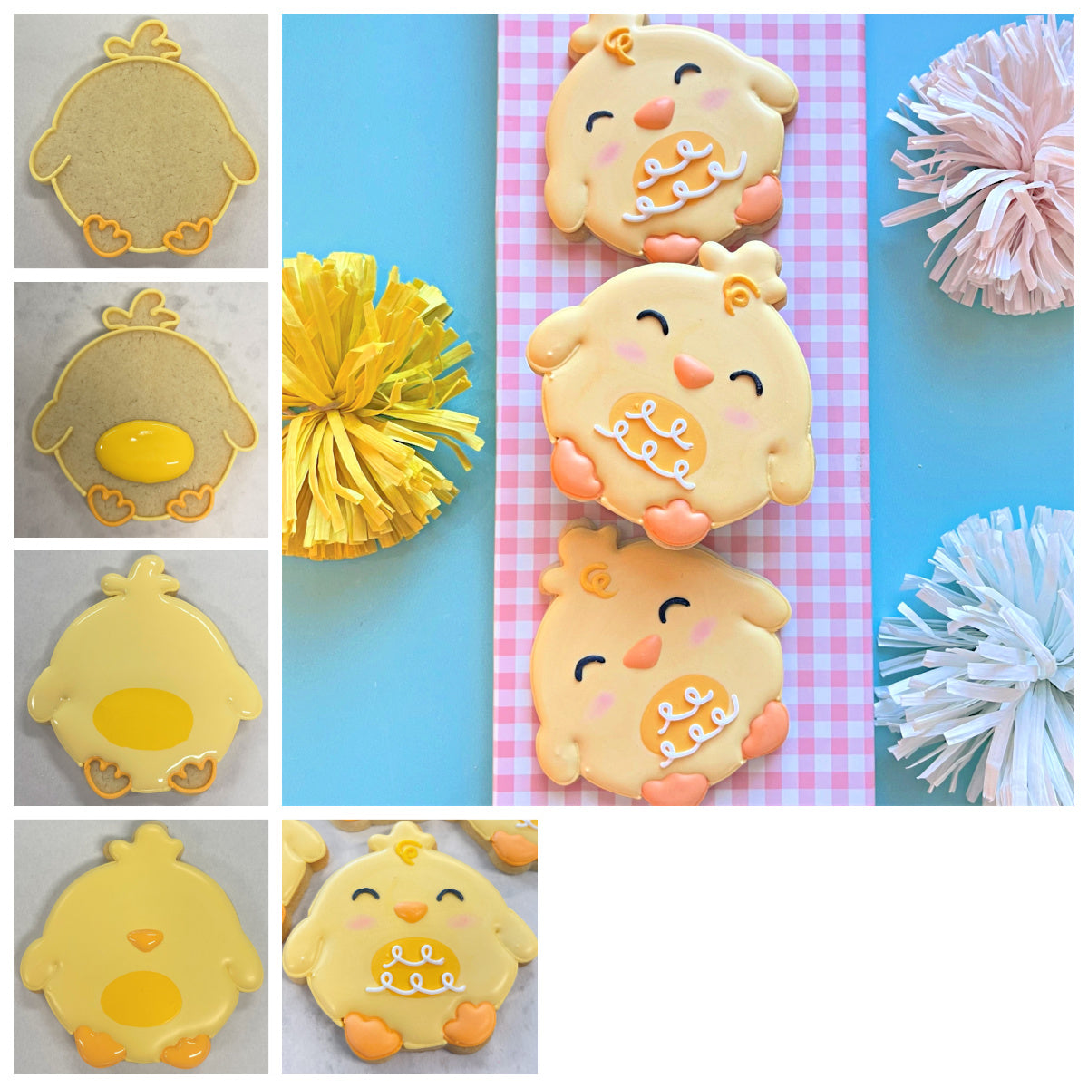 Cute yellow chick-shaped cookies with pink cheeks orange beaks and feet made using round chick cookie cutter