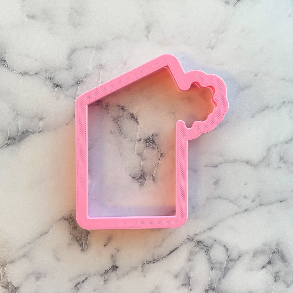 Pink plastic cookie cutter shaped like a house with chimney for seed packet themed cookies
