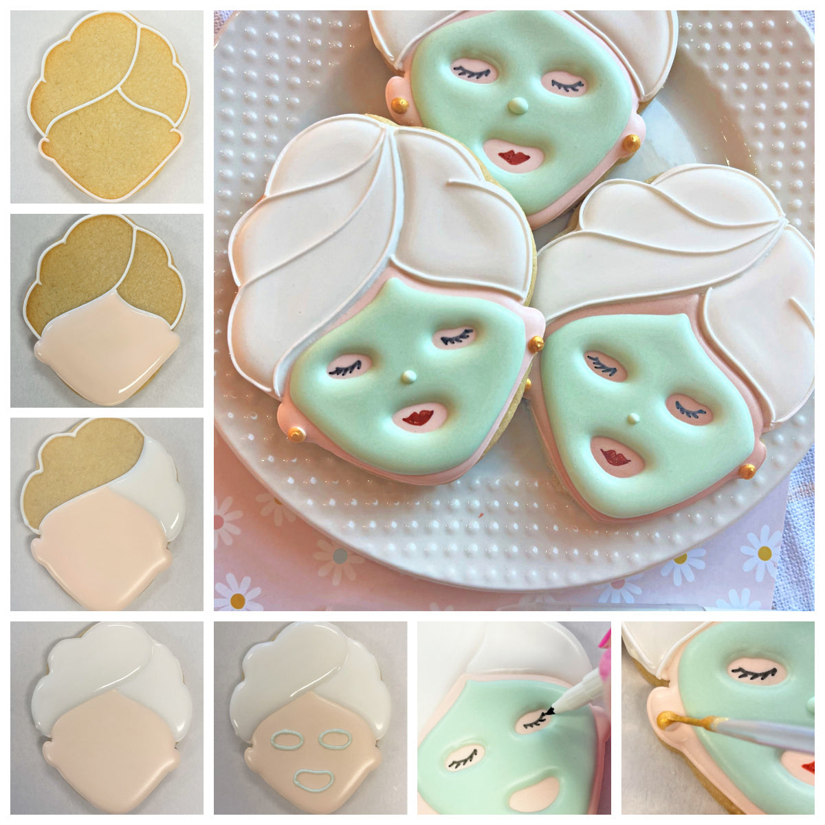 Delicate spa girl cookie cutter sugar cookies shaped like women with mint green face masks and white icing hairdo