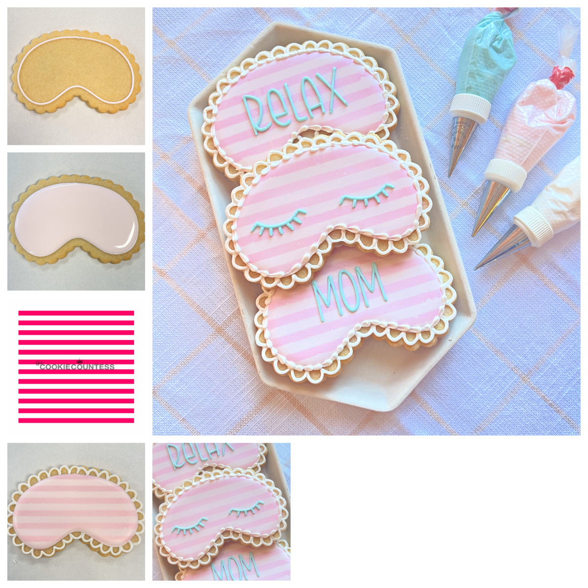 Pink and white striped sleep mask-shaped cookies with lace icing edges decorated with blue relax and mom text using face mask cookie cutter