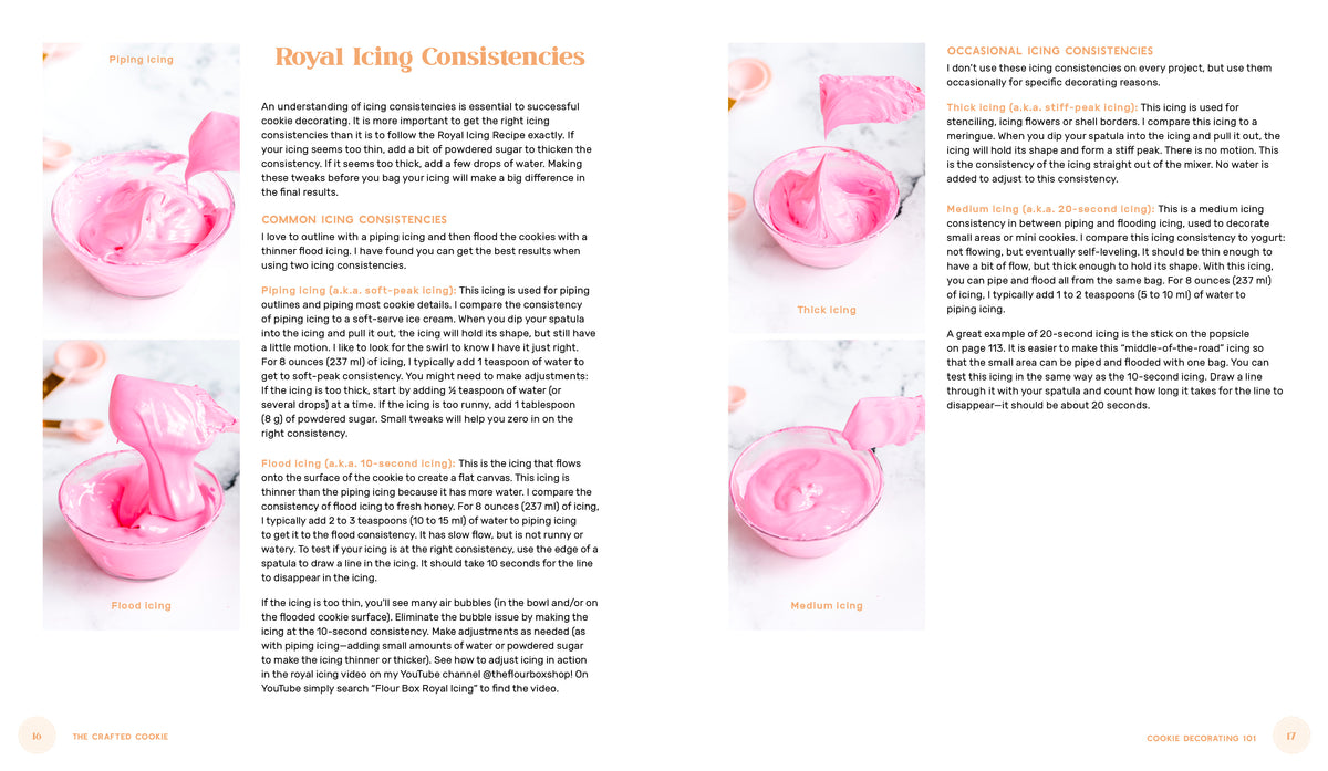 A printed page from the crafted cookie cookbook by anne yorks showing royal icing techniques for cake decorating