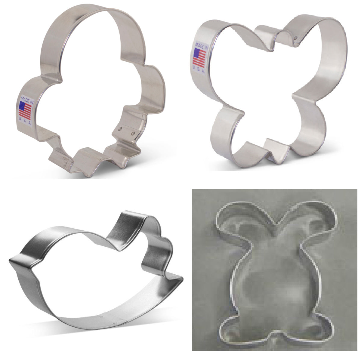 Set of four stainless steel easter-themed cookie cutters shaped like bunnies chicks and a turtle for springtime decorating class
