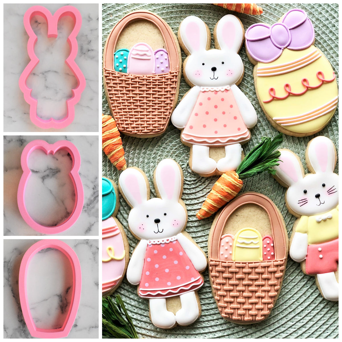 Pink plastic easter cookie cutter set with bunny egg and basket shapes for festive baking activities