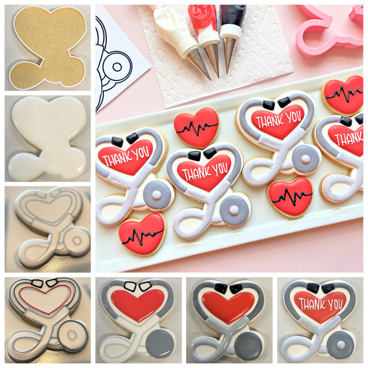 Red and white stethoscope-shaped cookies with thank you icing made using stethoscope heart cookie cutter