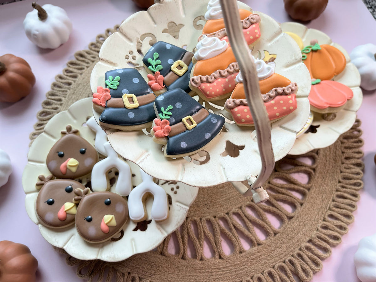 Mini thanksgiving classic cookie cutter bundle with cream tiered tray featuring intricate cut-out autumn sugar cookies