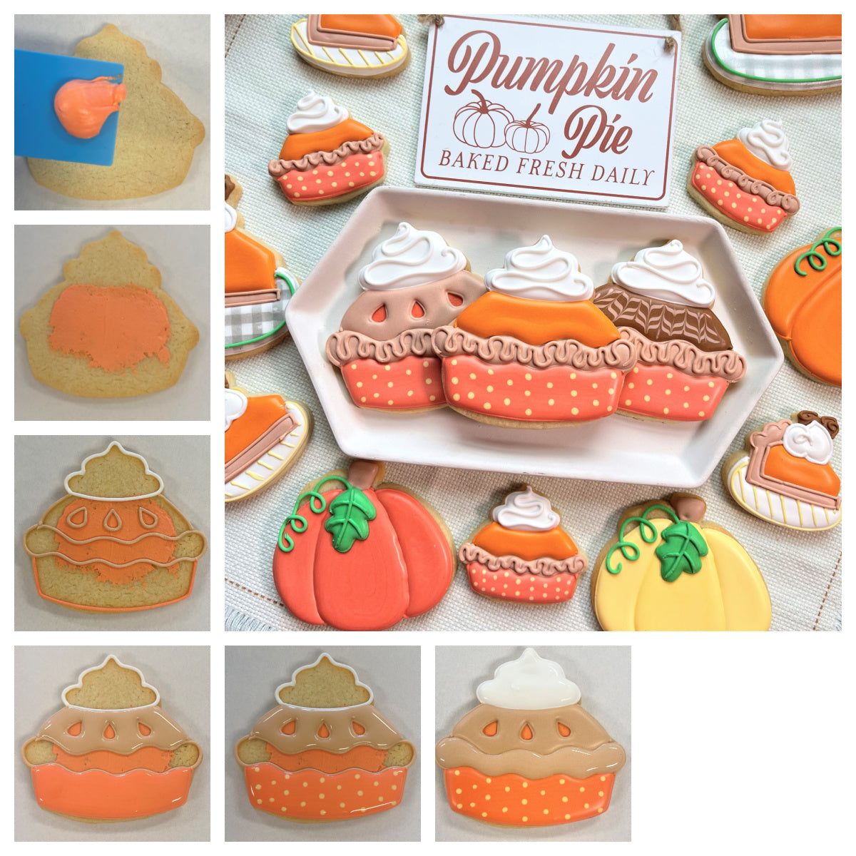 Delicate orange and beige pumpkin pie-shaped sugar cookies with white icing and green leaf accents made with thanksgiving pie cookie cutter