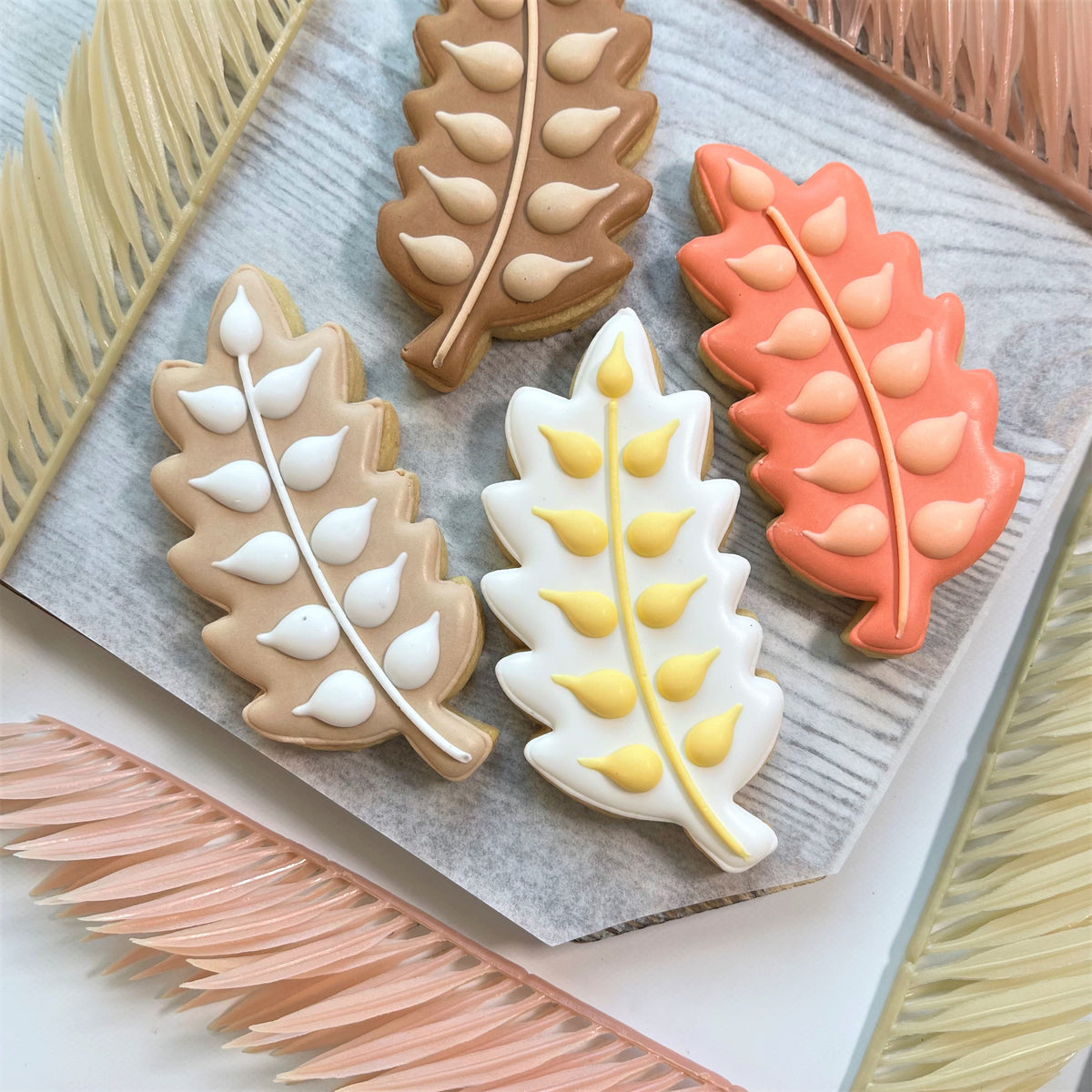 Autumn doodle cookie cutter bundle featuring autumn leaf-shaped cookies with smooth glossy brown orange and white icing