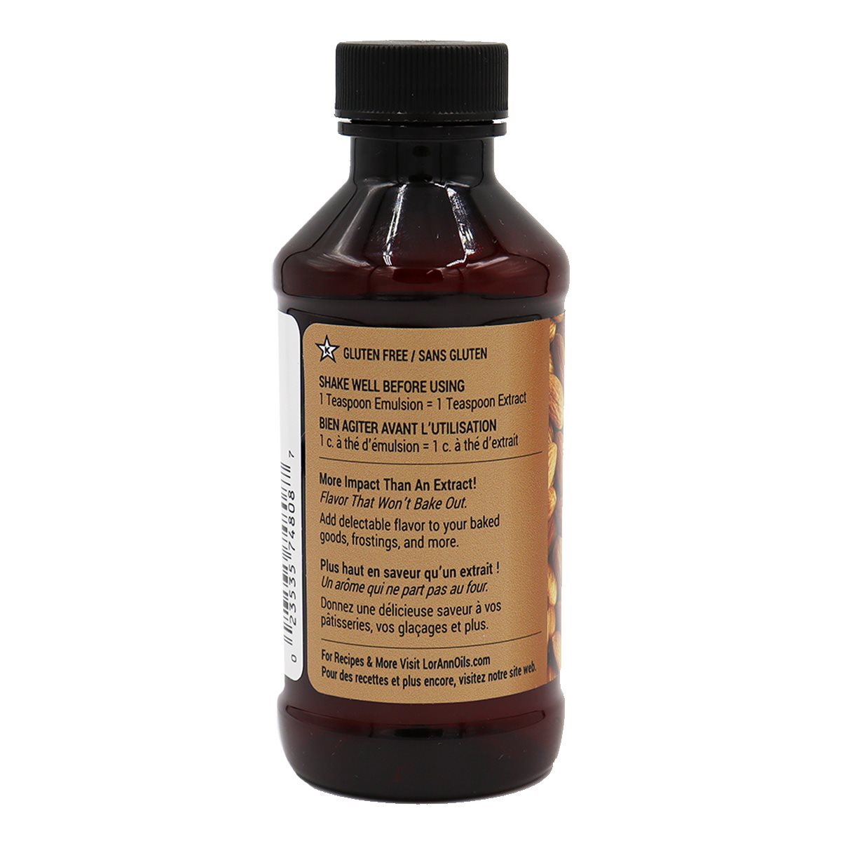 Dark amber glass bottle of almond lorann baking emulsion 4 oz with black cap and gluten-free almond extract label in english and french