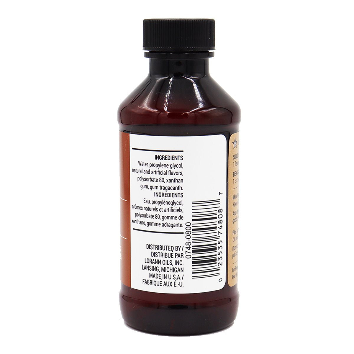 Dark amber glass bottle of almond lorann baking emulsion 4 oz with black screw-top cap and white ingredient label