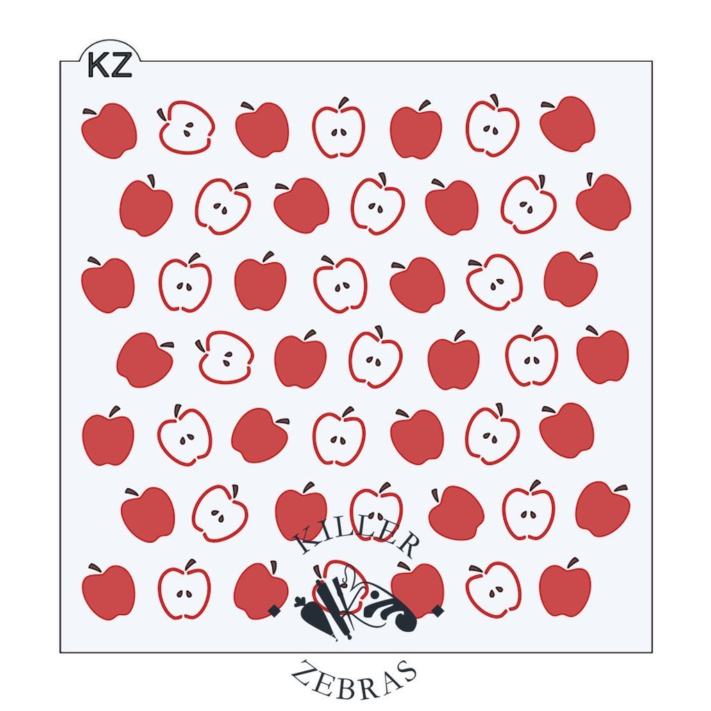 Red apple shaped decals in a repeating pattern on white background for apples 2pc kz stencil set