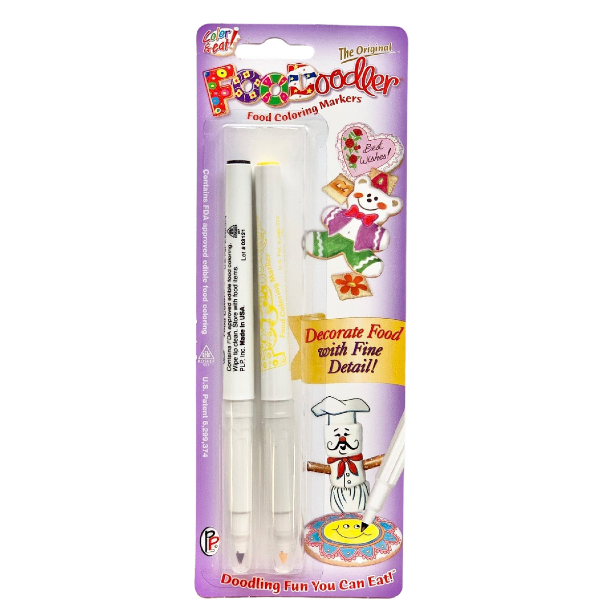 The original Food Doodler black and yellow fine line marker set includes two white markers with yellow caps in a purple package