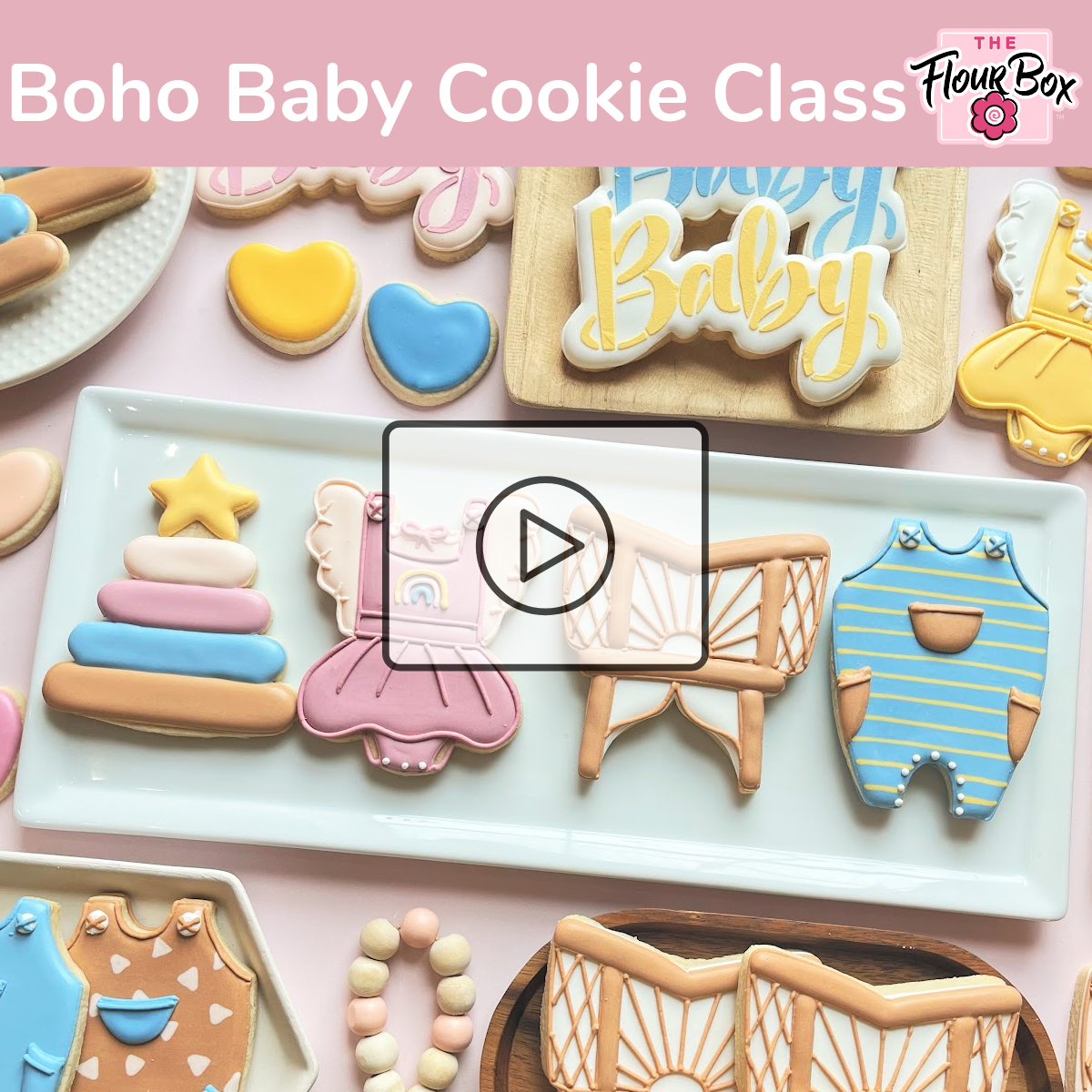 Pastel blue and pink sugar cookie cutouts shaped like baby clothes cribs and rings for boho baby cookie class recording