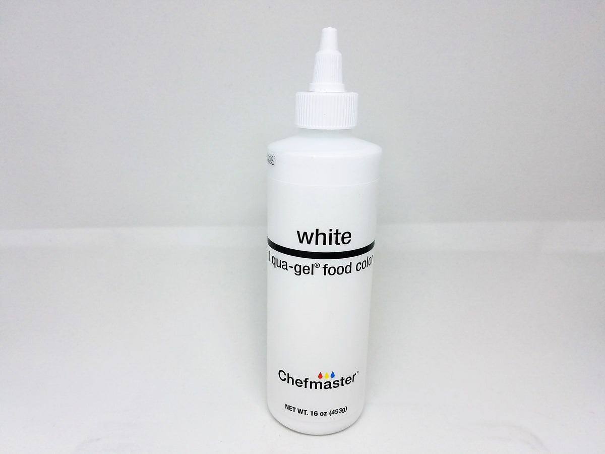 White chefmaster bright white 16oz liqua-gel food coloring bottle with white plastic cap and label