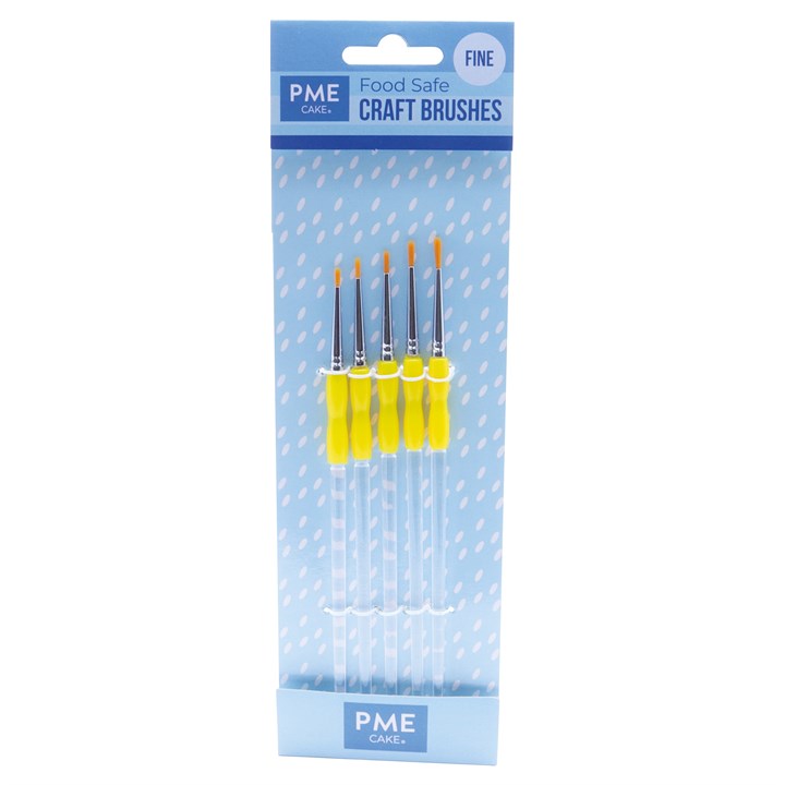Set of five fine-tipped food-safe cake decorating brushes with bright yellow plastic handles and clear shafts
