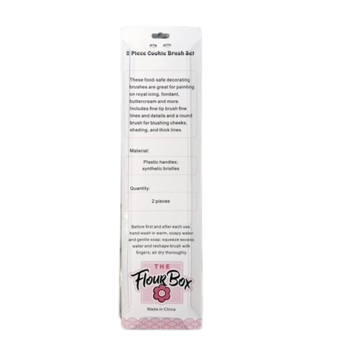 Flour box 2 piece cookie decorating brush set with plastic handles and synthetic bristles in clear packaging