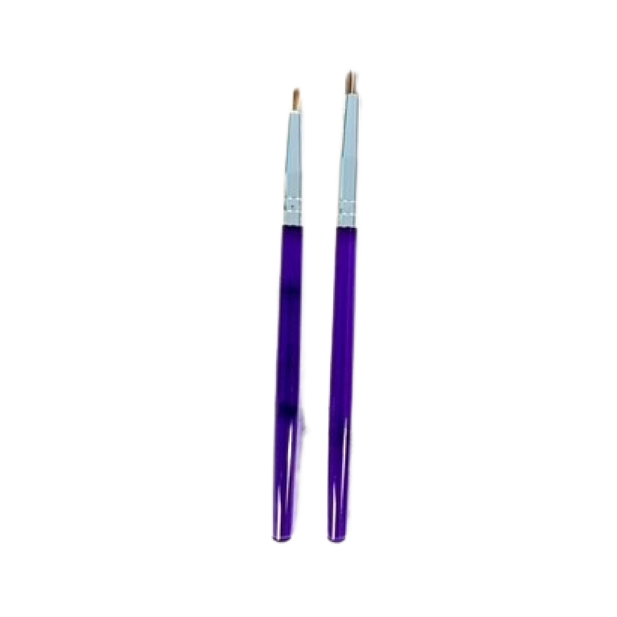 Two slender translucent purple cosmetic brushes with silver ferrules and golden tips from flour box 2 piece decorating brush set