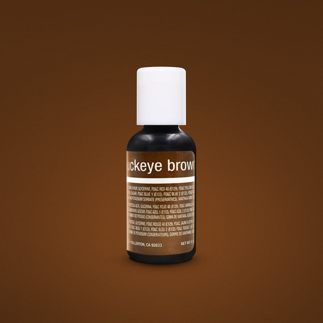 A sleek black bottle of chefmaster liqua-gel buckeye brown .70oz with a white cap and brown label for baking use