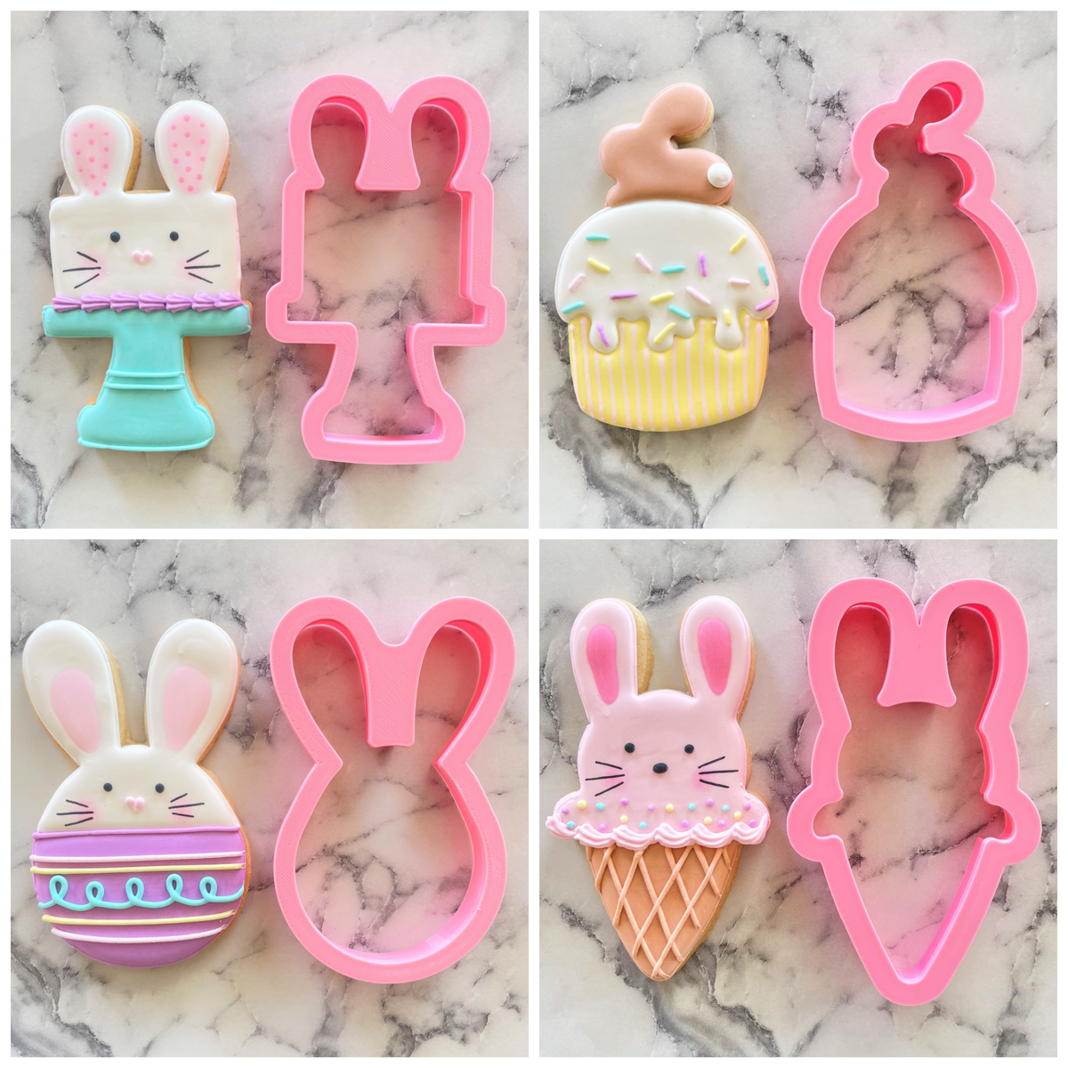 Pink plastic bunny food cookie cutter set with bunny cupcake and ice cream cone shapes for baking and crafting