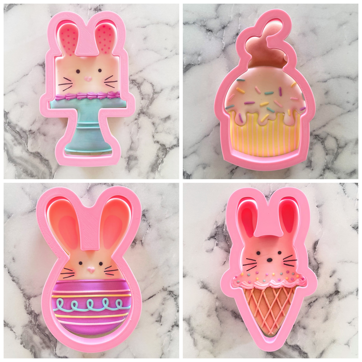 Pink silicone bunny food cookie cutter set with cake ice cream cone and two easter egg designs for baking fun
