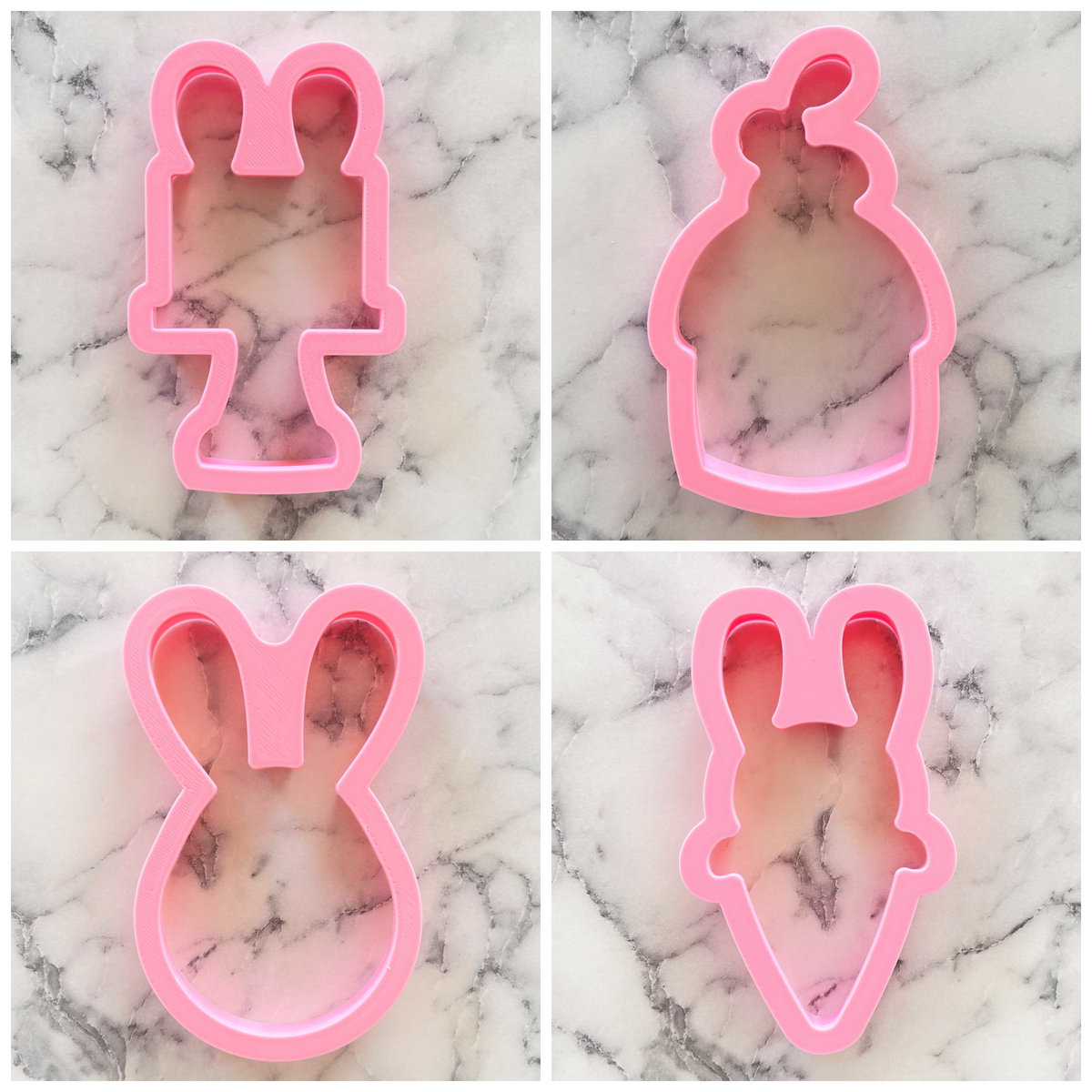 Pink plastic bunny food cookie cutter set with cupcake and whimsical shapes for baking and decorating fun