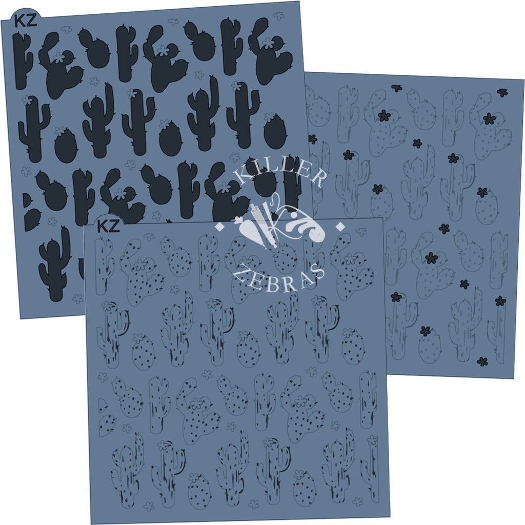 Set of three blue cactus-themed plastic stencil sheets by killer zebras for crafting and decorating projects