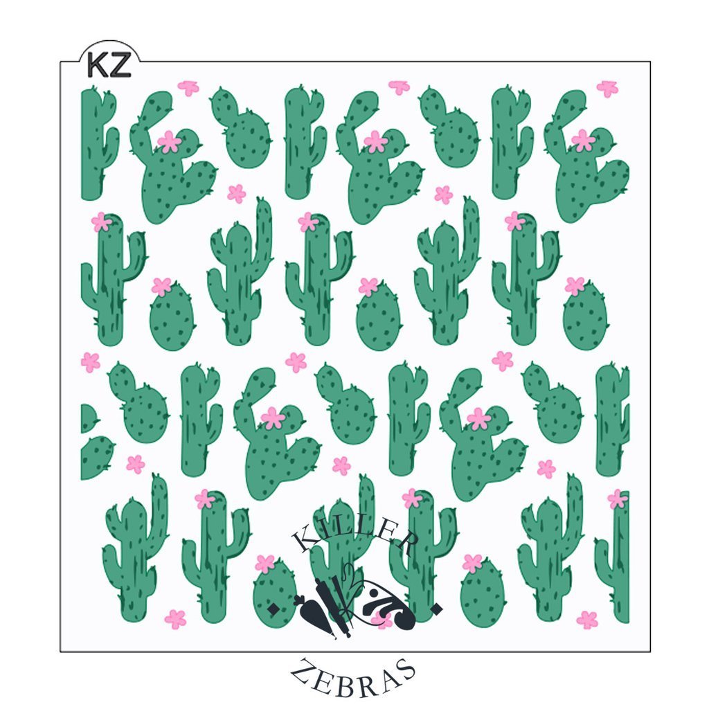 Green cactus-themed 3pc kz stencil with pink flowers and a black and white panda design for craft projects