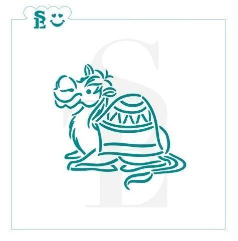 Teal line-art stencil of a nativity camel with decorative patterns on its back for pyo se stencil use