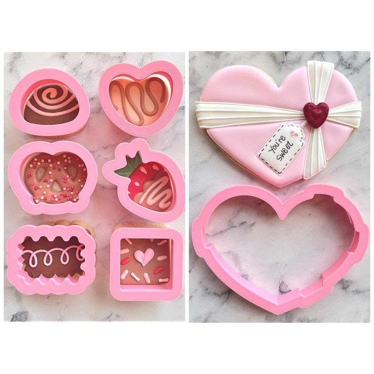 Pink silicone cookie cutters in heart pretzel and strawberry shapes for chocolate heart box cookie cutter set