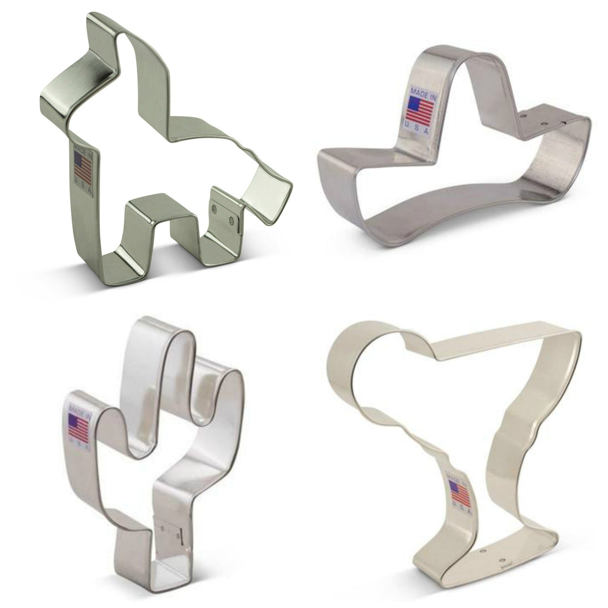 Set of four stainless steel cookie cutters shaped like cowboy cactus and western figures for fiesta cinco de mayo class