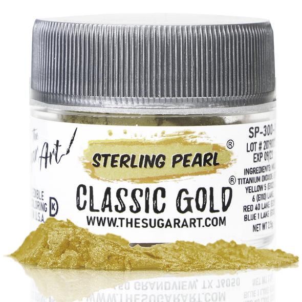 A jar of sterling pearl classic gold edible coloring powder with a silver lid and shimmering metallic gold pigment
