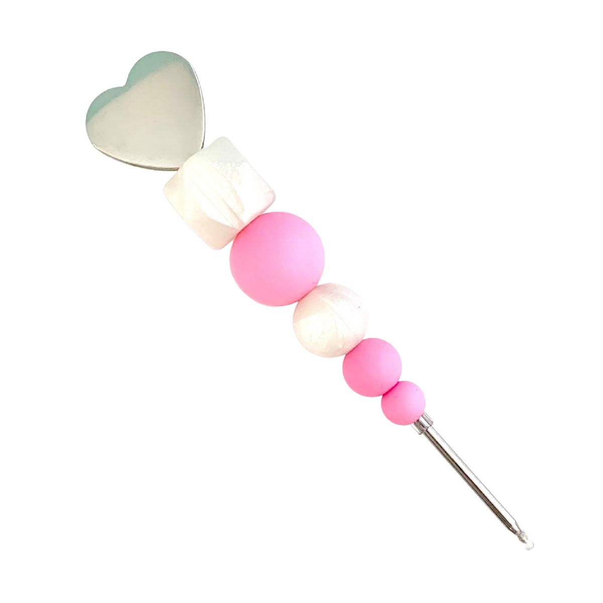 Classic chic cotton candy cookie scribe with pink and white silicone beads and silver heart shaped end
