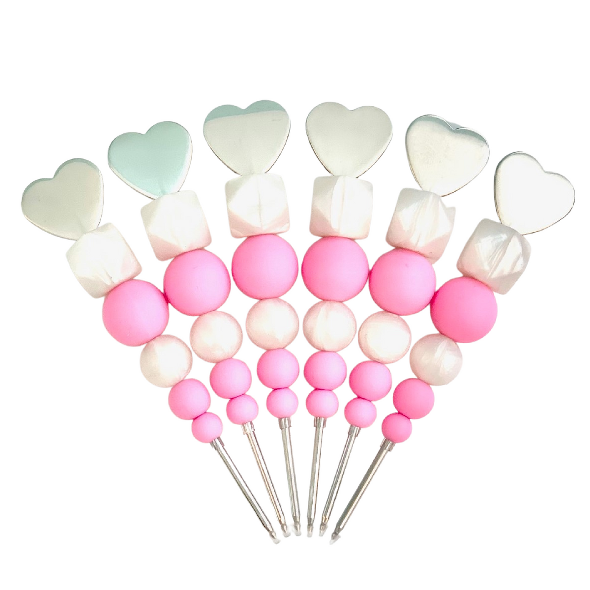 Classic chic cotton candy cookie scribe featuring pink and white cotton bead skewers with heart shaped mirror tops