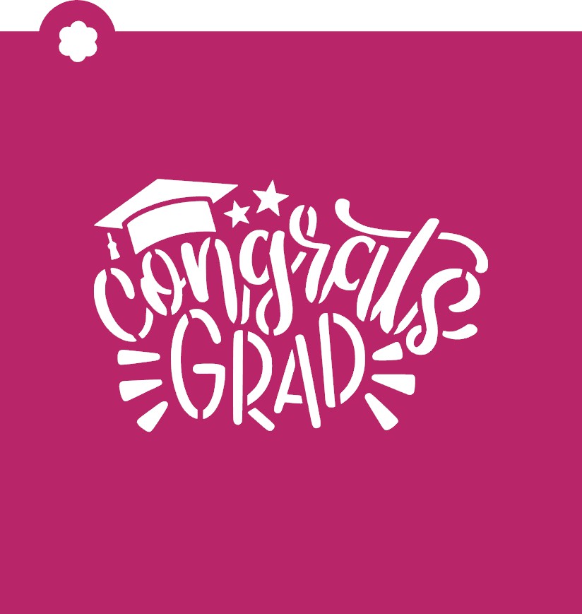 White congrats grad graduation-themed plastic stencil with mortarboard and stars design for cookie decorating