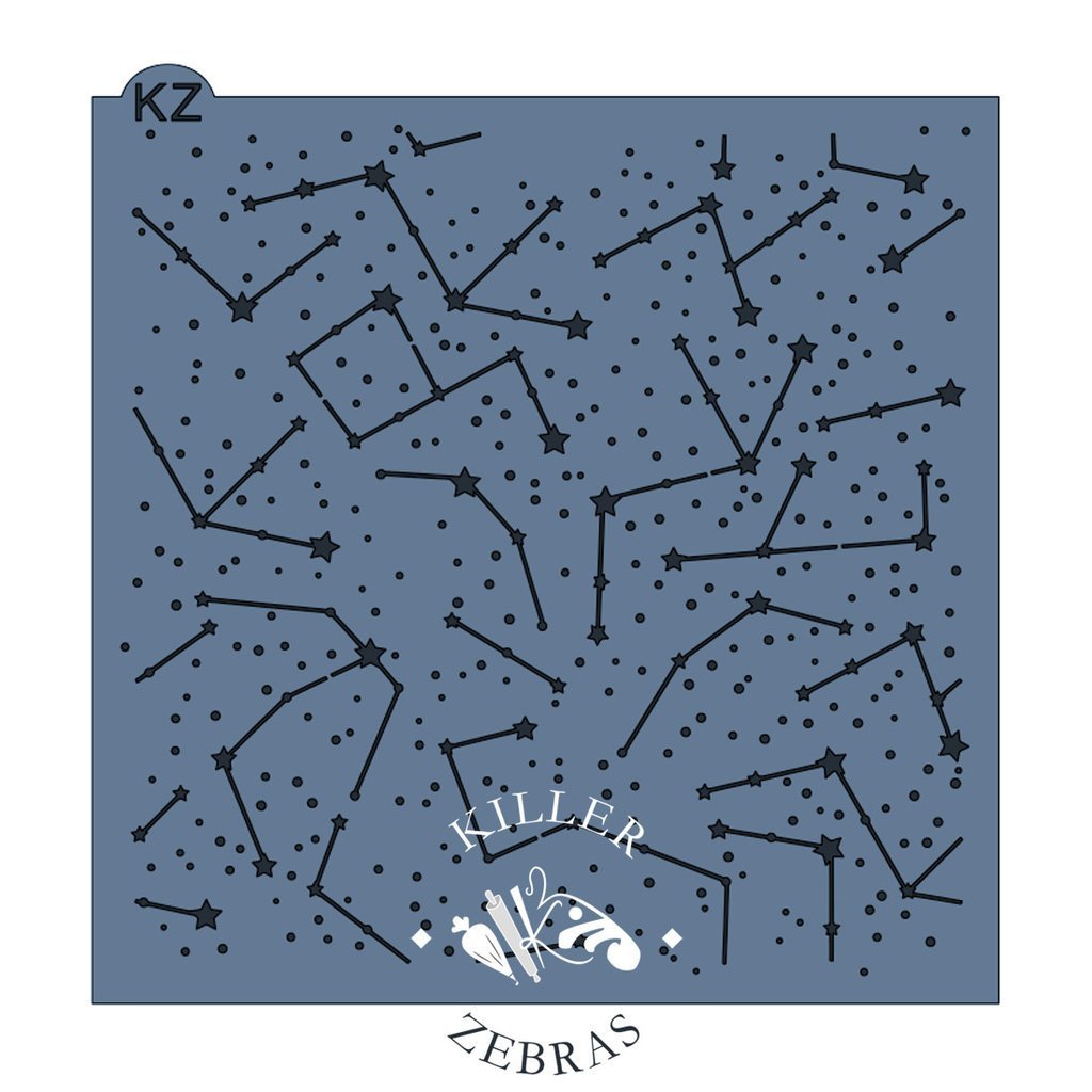 Blue star constellation stencil with black outlines and white branding text for creative art projects and crafts