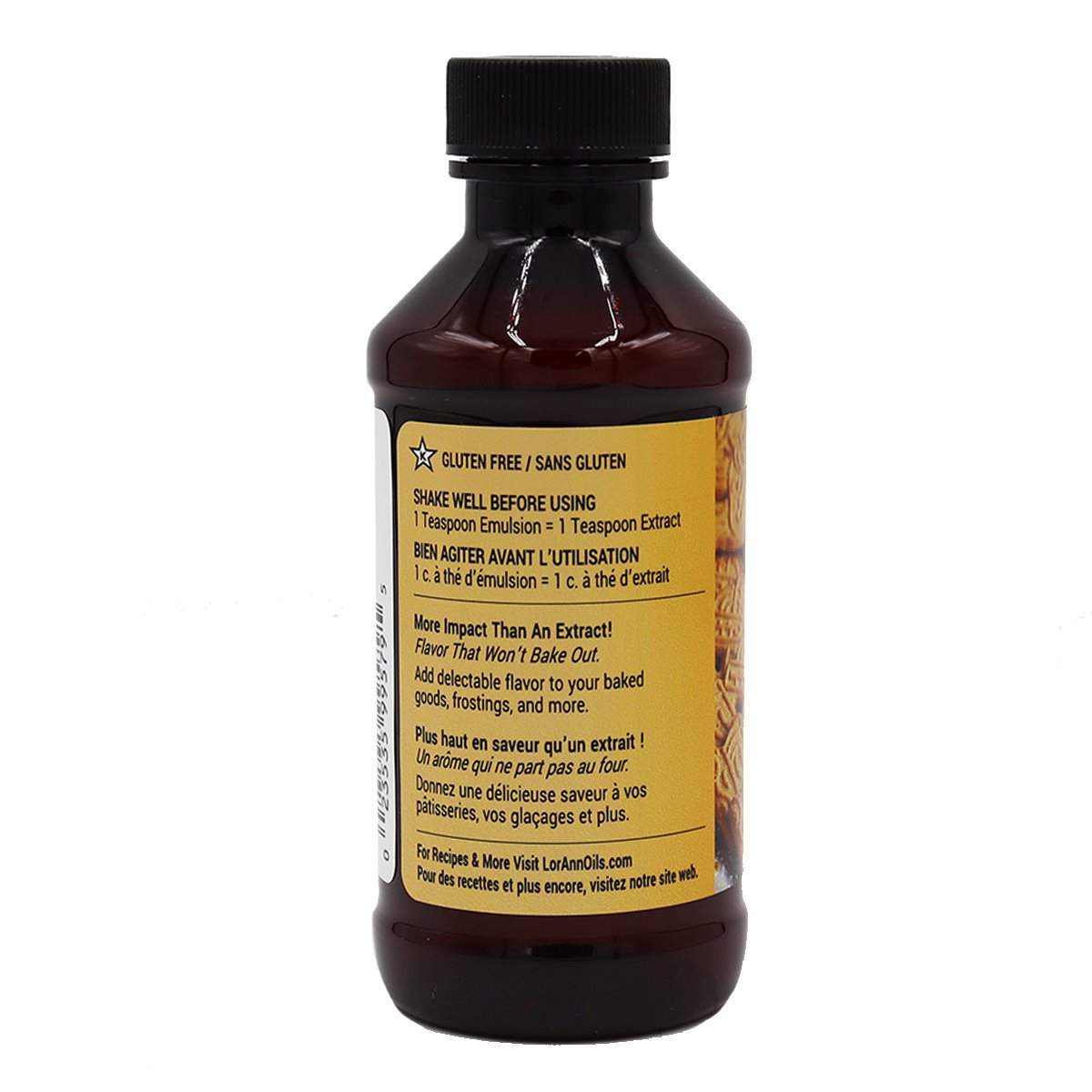 Dark amber glass bottle of cookie butter lorann baking emulsion 4 oz gluten free vanilla extract with black screw cap