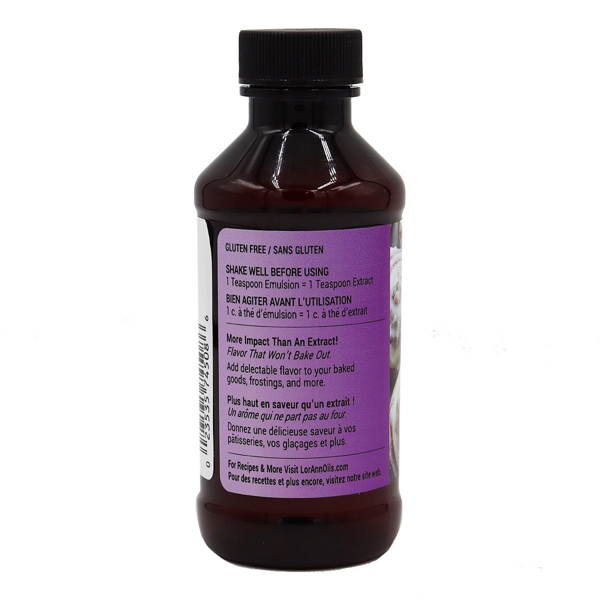 Dark amber glass bottle of cream cheese lorann baking emulsion with black screw-top and purple bilingual label