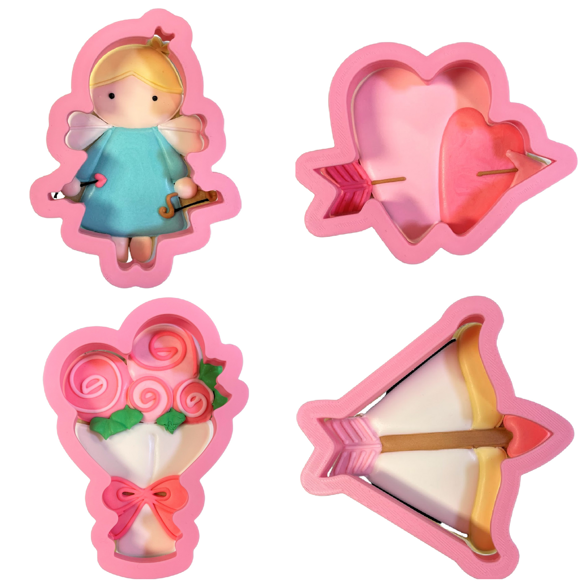 Pink silicone cupid love cookie cutter bundle with fairy heart rose and bow shapes for baking and decorating