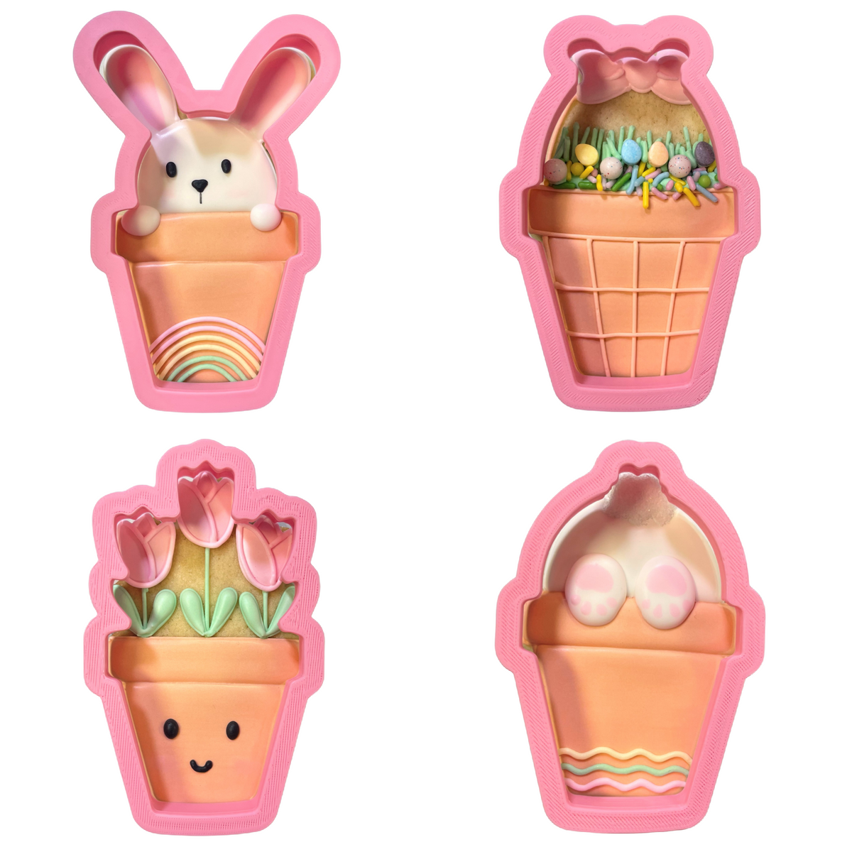 Set of four pink silicone baking molds shaped like easter-themed pots and baskets for cookie cutting